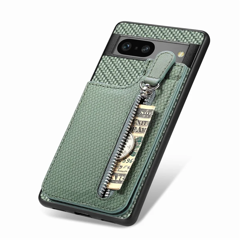 C1-03 For Google Pixel 7a Case Card Slots Vertical Kickstand Carbon Fiber Phone Cover - Green