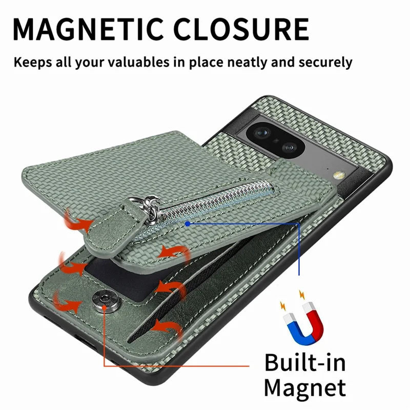 C1-03 For Google Pixel 7a Case Card Slots Vertical Kickstand Carbon Fiber Phone Cover - Green