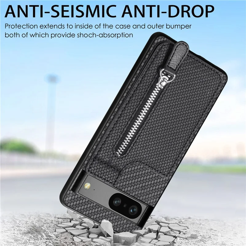 C1-03 For Google Pixel 7a Case Card Slots Vertical Kickstand Carbon Fiber Phone Cover - Green
