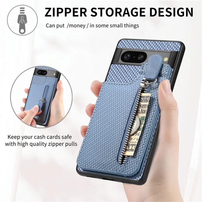C1-03 For Google Pixel 7a Case Card Slots Vertical Kickstand Carbon Fiber Phone Cover - Green