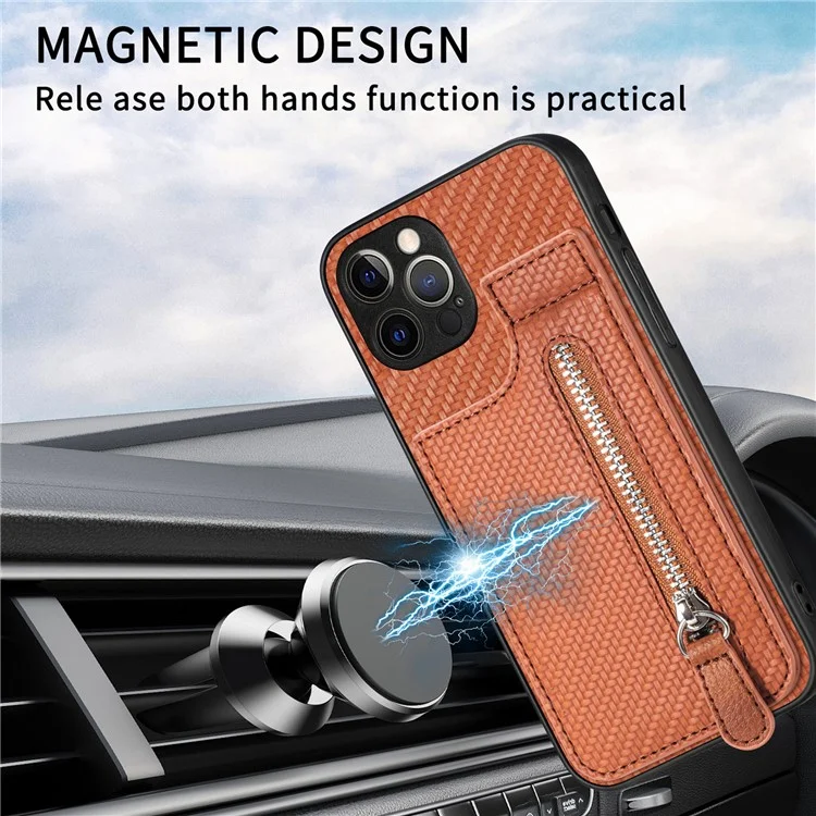 C1-03 For iPhone 12 Pro 6.1 inch Case Carbon Fiber Phone Shell Support Magnetic Car Mount Holder - Black