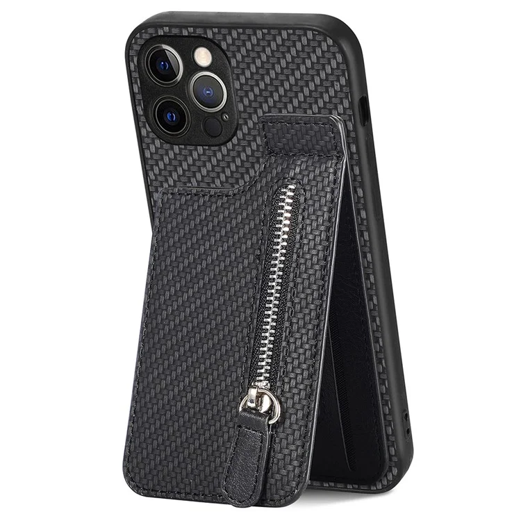 C1-03 For iPhone 12 Pro Max Case Carbon Fiber PU+TPU+PC Kickstand Phone Cover - Black