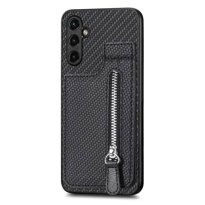 C1-03 For Samsung Galaxy A34 5G Case Zipper Pocket Carbon Fiber Protective Shell with Vertical Kickstand - Black
