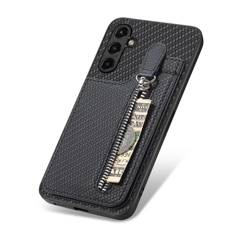 C1-03 For Samsung Galaxy A34 5G Case Zipper Pocket Carbon Fiber Protective Shell with Vertical Kickstand - Black