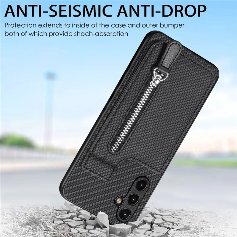 C1-03 For Samsung Galaxy A34 5G Case Zipper Pocket Carbon Fiber Protective Shell with Vertical Kickstand - Black