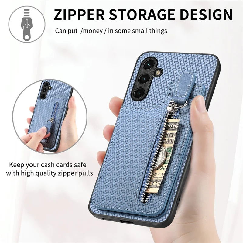 C1-03 For Samsung Galaxy A34 5G Case Zipper Pocket Carbon Fiber Protective Shell with Vertical Kickstand - Black