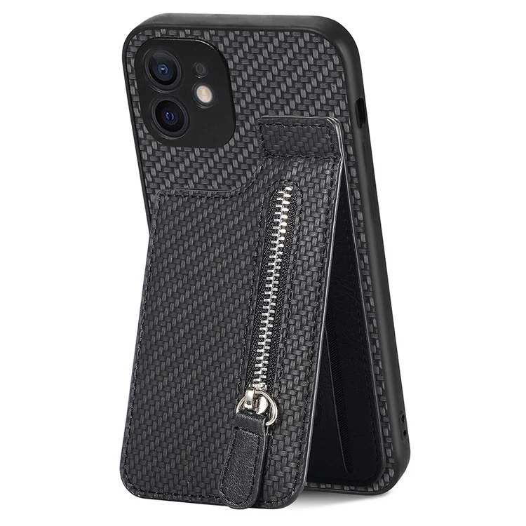 C1-03 For iPhone 12 6.1 inch Cell Phone Case Zipper Pocket Leather Coated TPU+PC Cover - Black