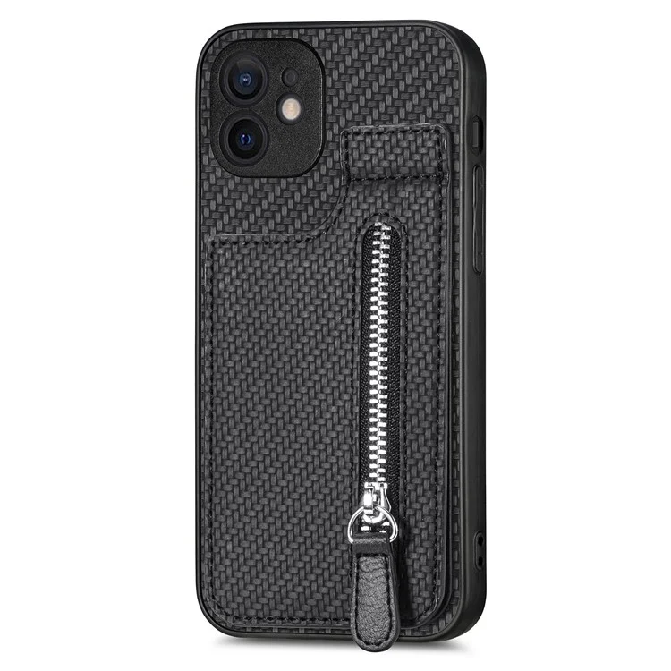 C1-03 For iPhone 12 6.1 inch Cell Phone Case Zipper Pocket Leather Coated TPU+PC Cover - Black