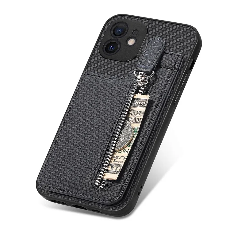 C1-03 For iPhone 12 6.1 inch Cell Phone Case Zipper Pocket Leather Coated TPU+PC Cover - Black