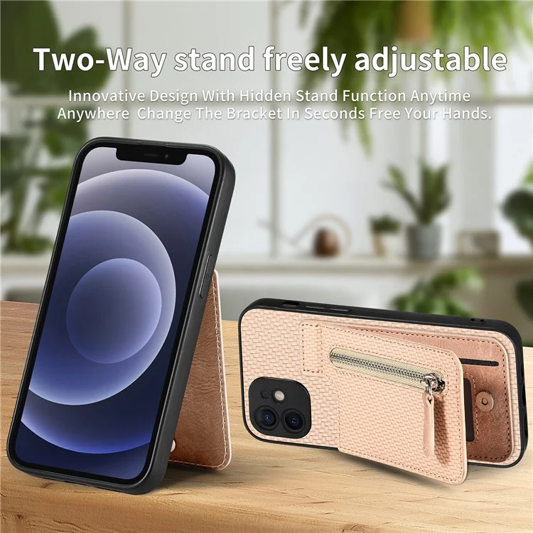 C1-03 For iPhone 12 6.1 inch Cell Phone Case Zipper Pocket Leather Coated TPU+PC Cover - Black
