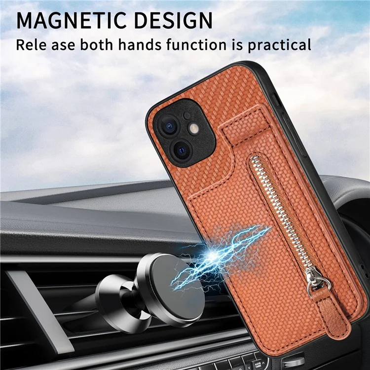 C1-03 For iPhone 12 6.1 inch Cell Phone Case Zipper Pocket Leather Coated TPU+PC Cover - Black