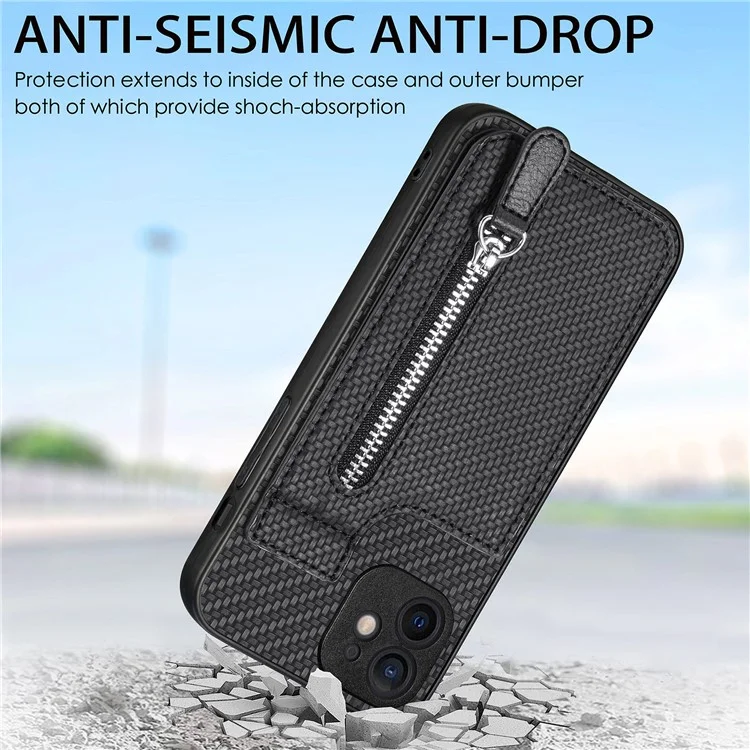 C1-03 For iPhone 12 6.1 inch Cell Phone Case Zipper Pocket Leather Coated TPU+PC Cover - Black