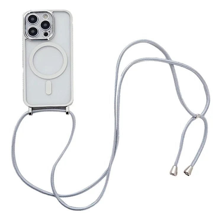 For iPhone 13 Pro Max Electroplating Case TPU Magnetic Phone Cover with Crossbody Strap - Silver