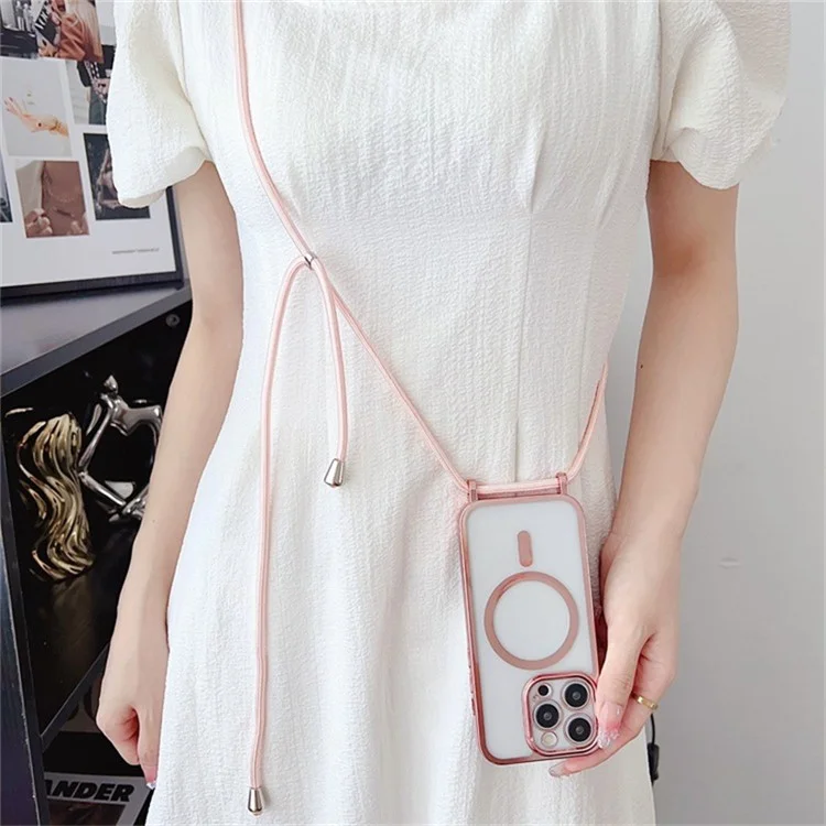 For iPhone 13 Pro Max Electroplating Case TPU Magnetic Phone Cover with Crossbody Strap - Silver