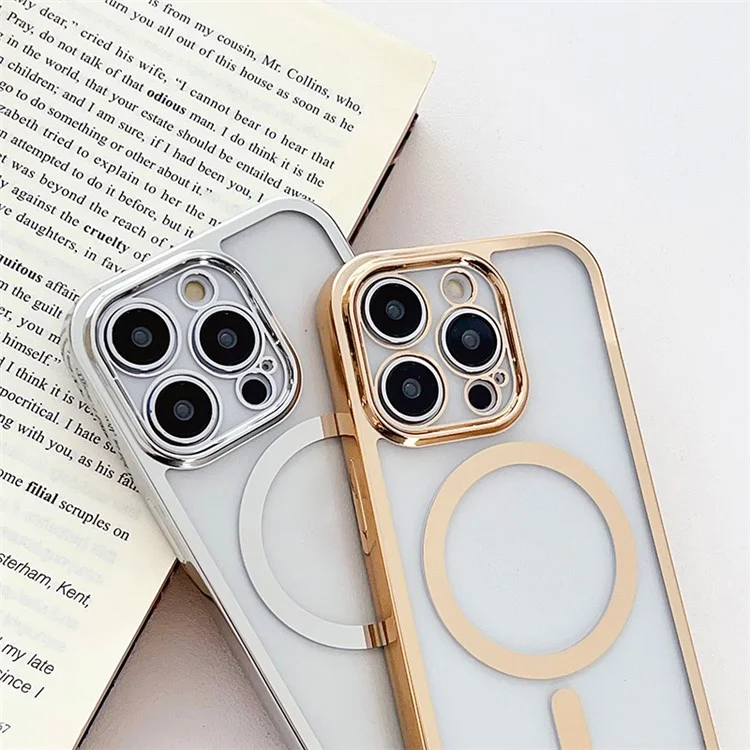 For iPhone 13 Pro Max Electroplating Case TPU Magnetic Phone Cover with Crossbody Strap - Silver
