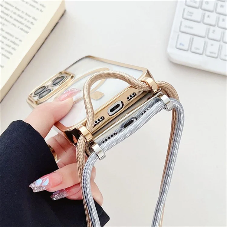 For iPhone 13 Pro Max Electroplating Case TPU Magnetic Phone Cover with Crossbody Strap - Silver