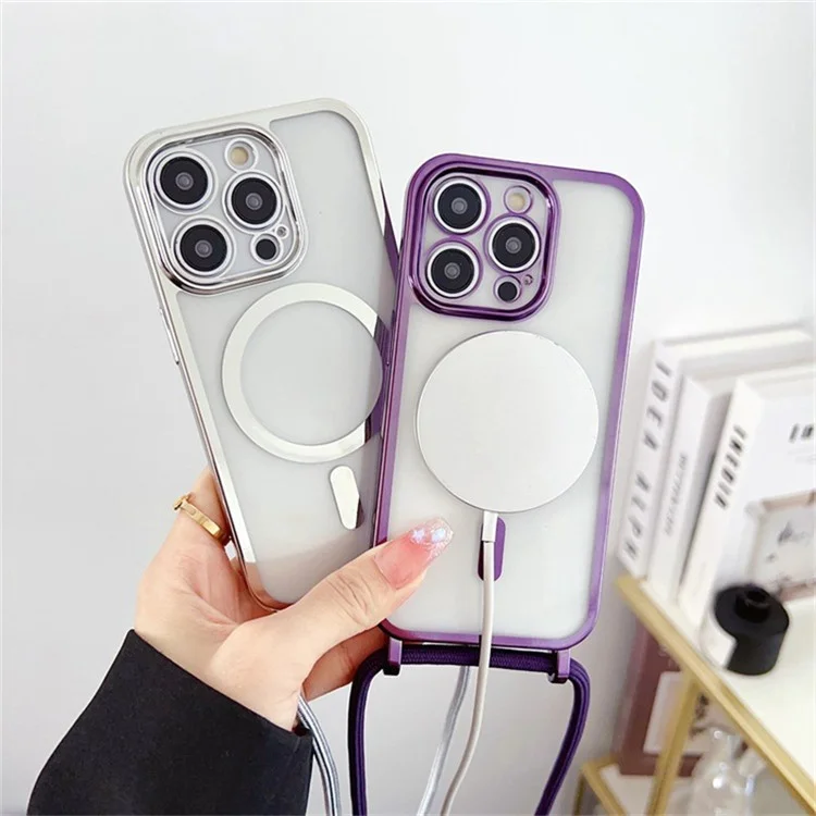 For iPhone 13 Pro Max Electroplating Case TPU Magnetic Phone Cover with Crossbody Strap - Silver