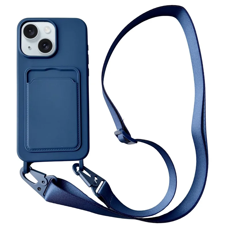 Für iPhone 15 Flüssigsilikon-Hülle mit Kartenfach, Handyhülle mit verstellbarem Halskordel - Navy Blue