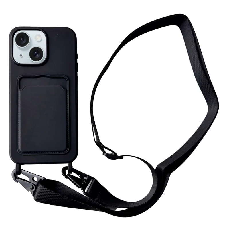For iPhone 15  Liquid Silicone Case Card Slot Phone Cover with Adjustable Neck Cord - Black