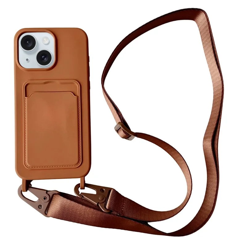 For iPhone 15  Liquid Silicone Case Card Slot Phone Cover with Adjustable Neck Cord - Brown