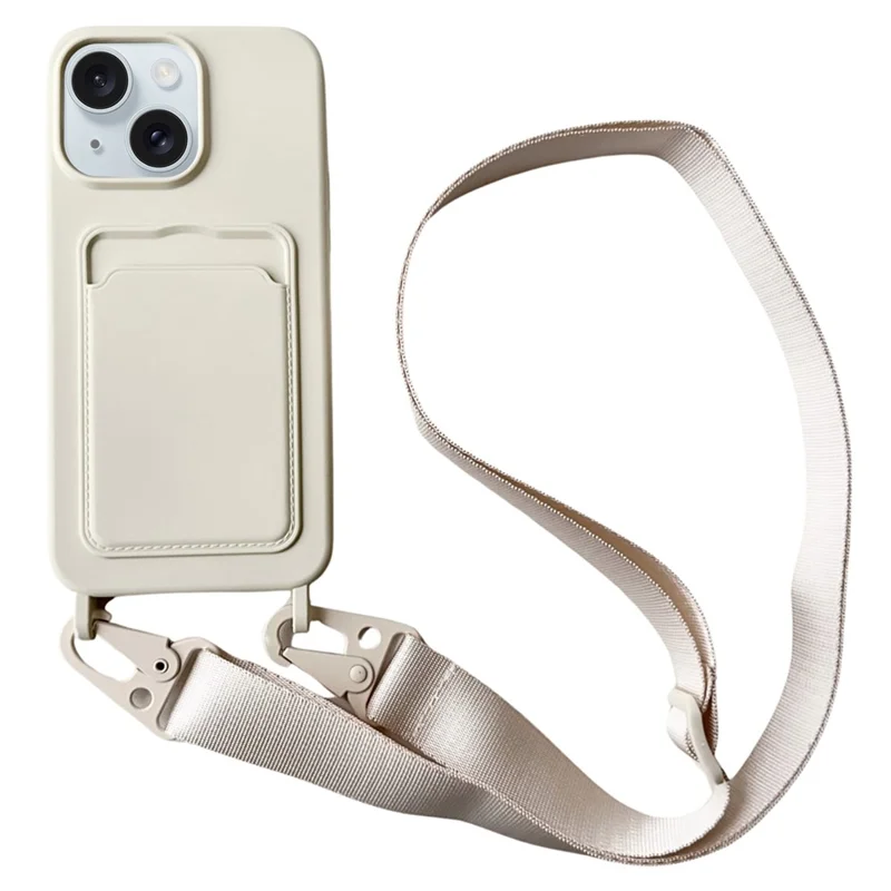 For iPhone 15  Liquid Silicone Case Card Slot Phone Cover with Adjustable Neck Cord - Beige