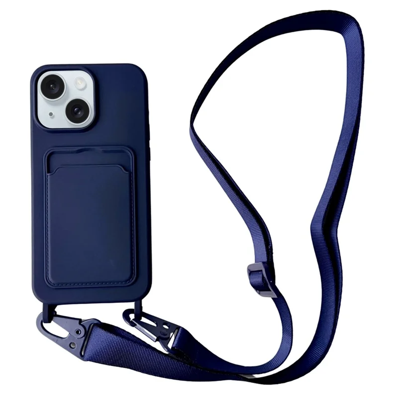 For iPhone 15  Liquid Silicone Case Card Slot Phone Cover with Adjustable Neck Cord - Dark Blue