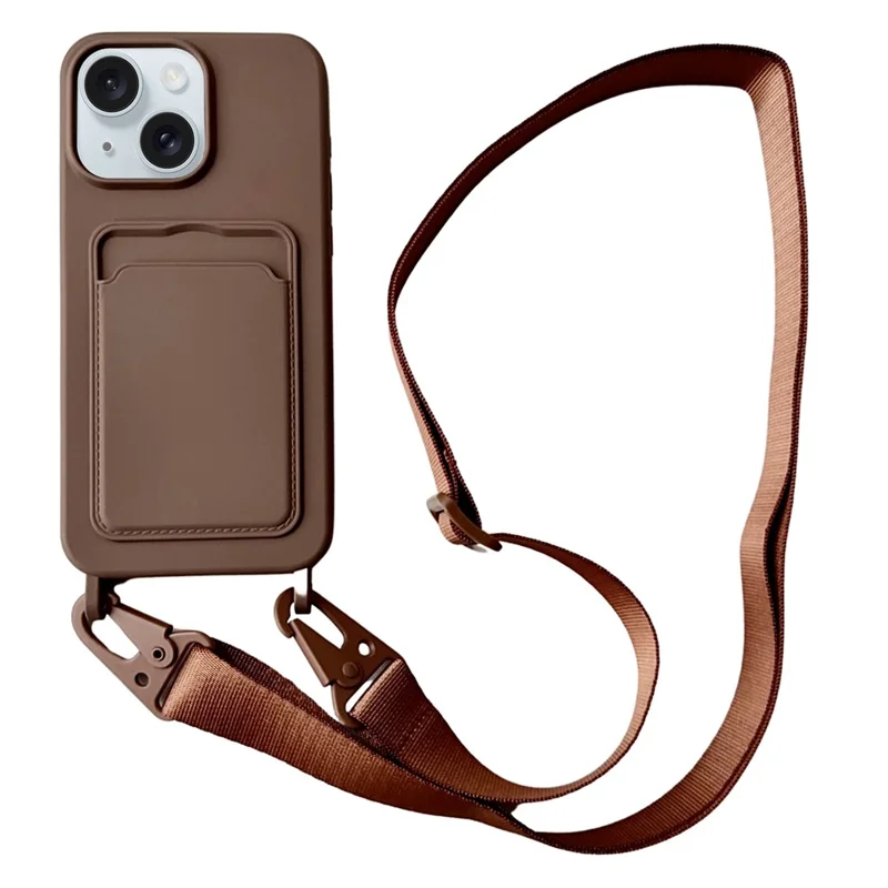 For iPhone 15  Liquid Silicone Case Card Slot Phone Cover with Adjustable Neck Cord - Coffee