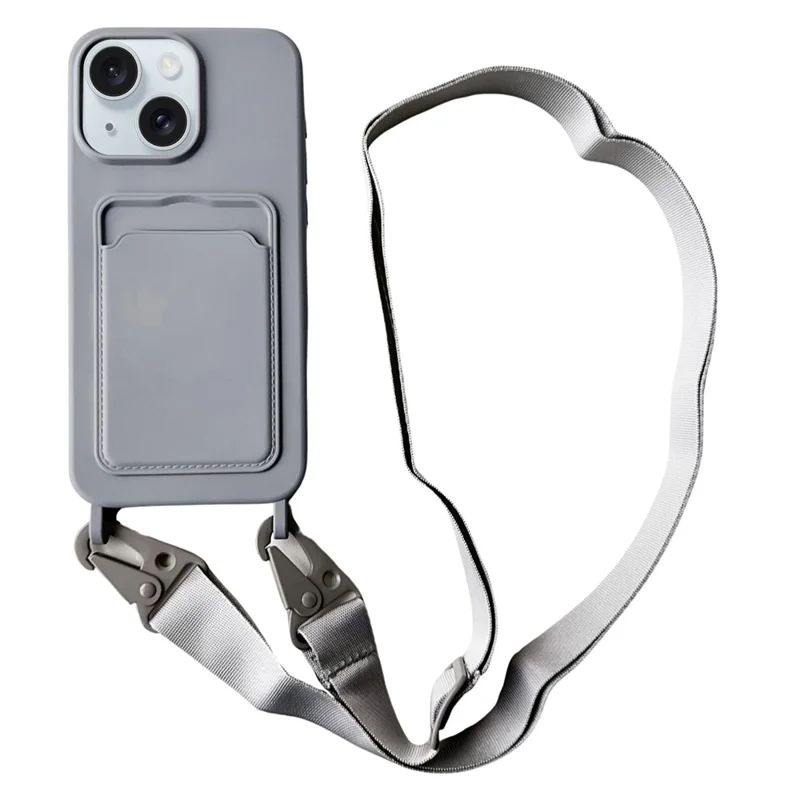 For iPhone 15  Liquid Silicone Case Card Slot Phone Cover with Adjustable Neck Cord - Grey