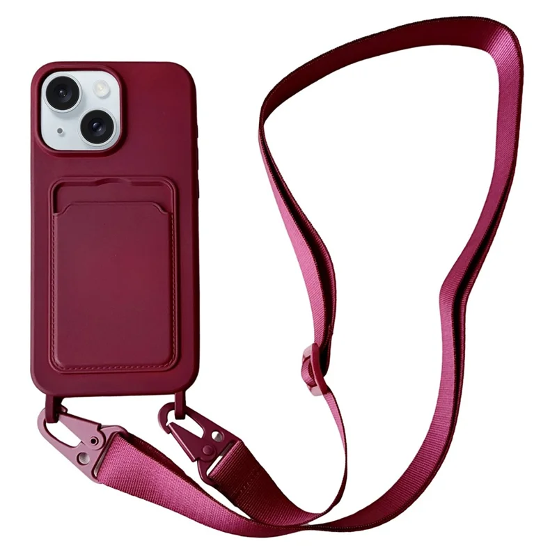 For iPhone 15  Liquid Silicone Case Card Slot Phone Cover with Adjustable Neck Cord - Wine Red