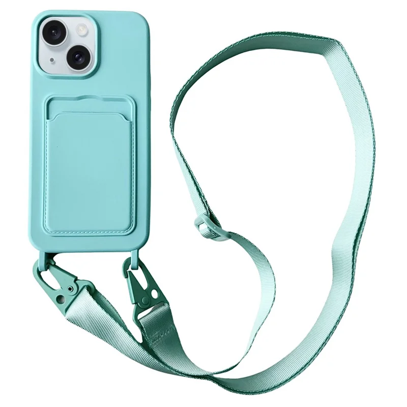 Para iPhone 15 Liquid Silicone Case Card Slot Phone Cover com Corda de Pescoço Ajustável - Azul Bebê