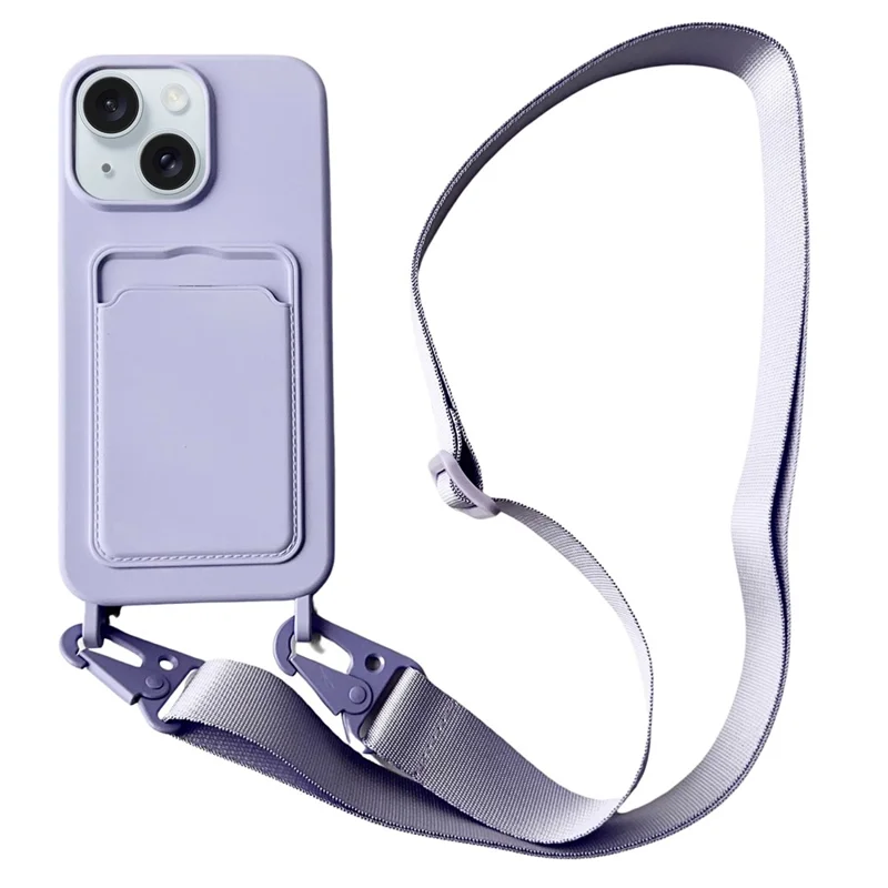 Per iPhone 15 Custodia in silicone liquido Slot per schede Custodia per telefono con cordino regolabile - Viola