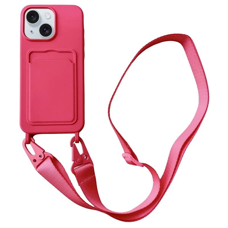 For iPhone 15  Liquid Silicone Case Card Slot Phone Cover with Adjustable Neck Cord - Rose
