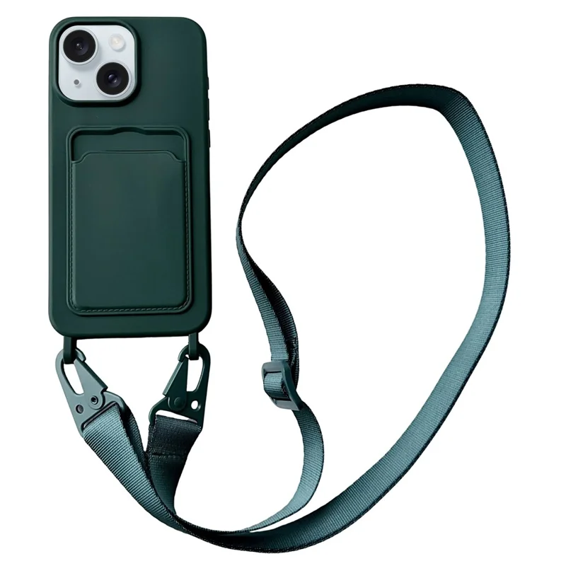 Pour iPhone 15 Étui en silicone liquide Fente pour carte Housse de téléphone avec cordon de cou réglable - Vert noirâtre