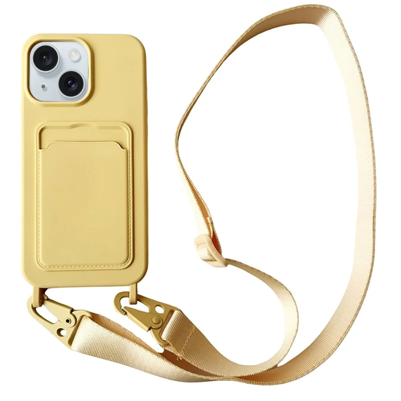 For iPhone 14 Case Liquid Silicone Card Slot Soft Phone Cover with Lanyard Strap - Yellow