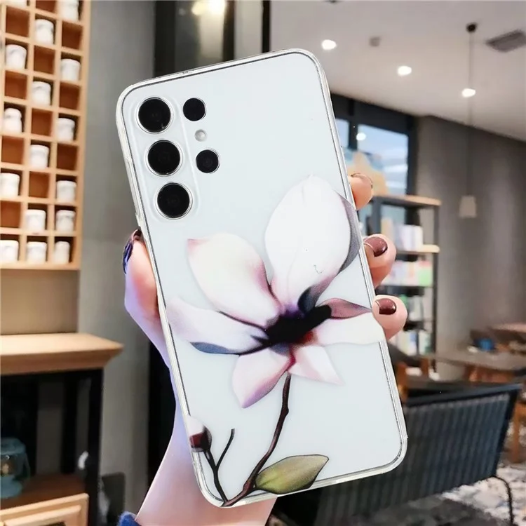 For Samsung Galaxy S23 Ultra TPU Case Camera Lens Protection Slim Pattern Phone Cover - White Flower