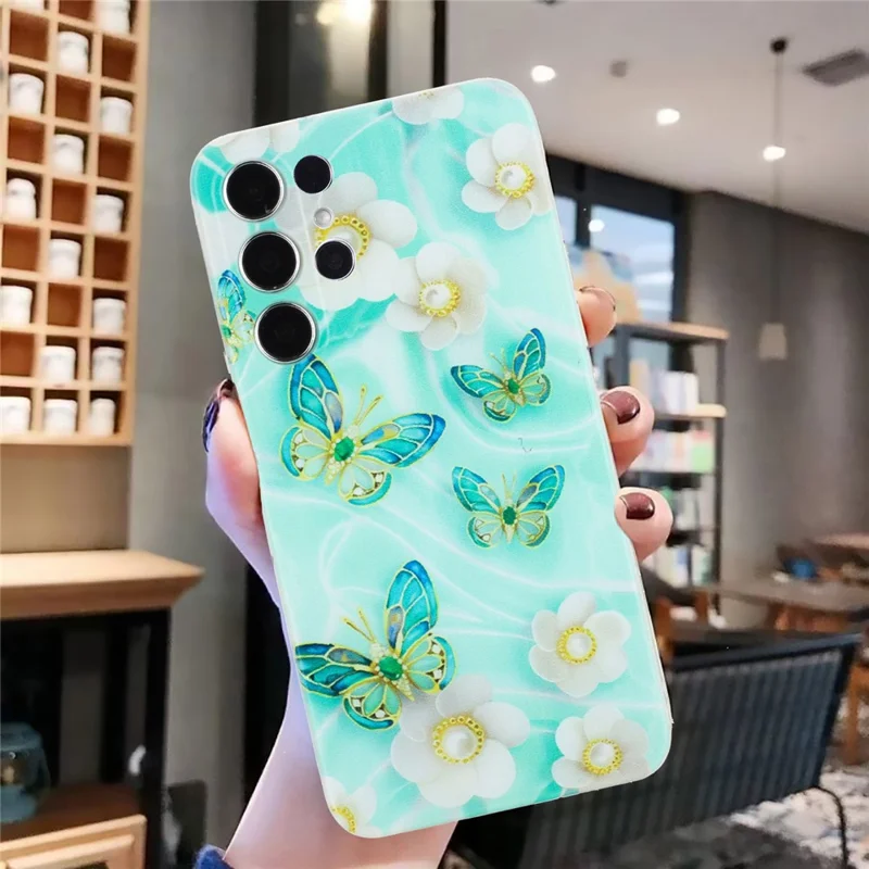 For Samsung Galaxy S23 Ultra TPU Case Camera Lens Protection Slim Pattern Phone Cover - Butterfly and Flower