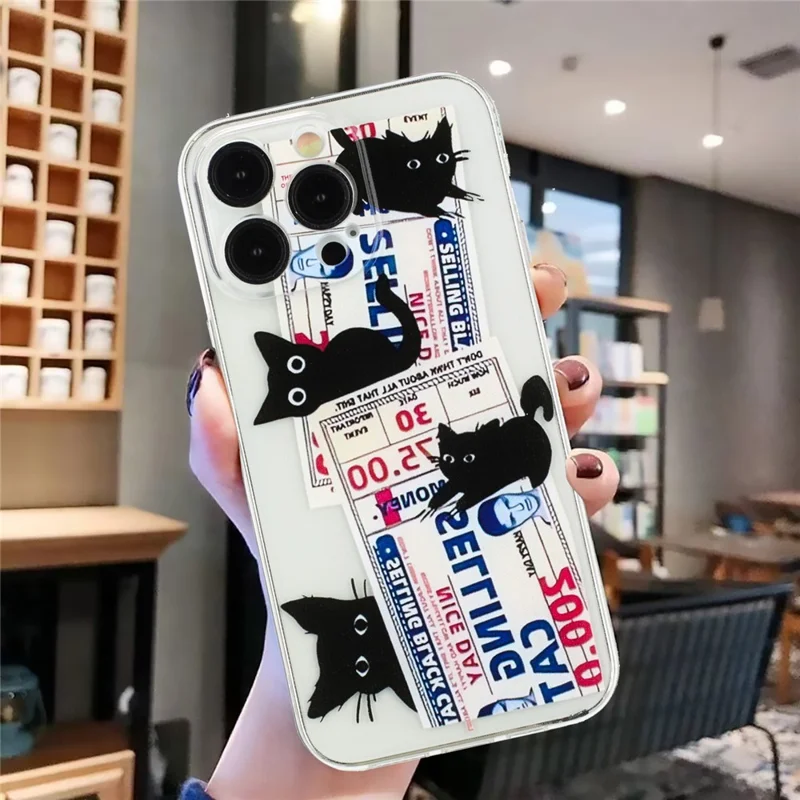 Custodia per iPhone 15 Pro Copertina morbida in TPU Stampa a motivi Custodia per telefono leggera - Gatto nero