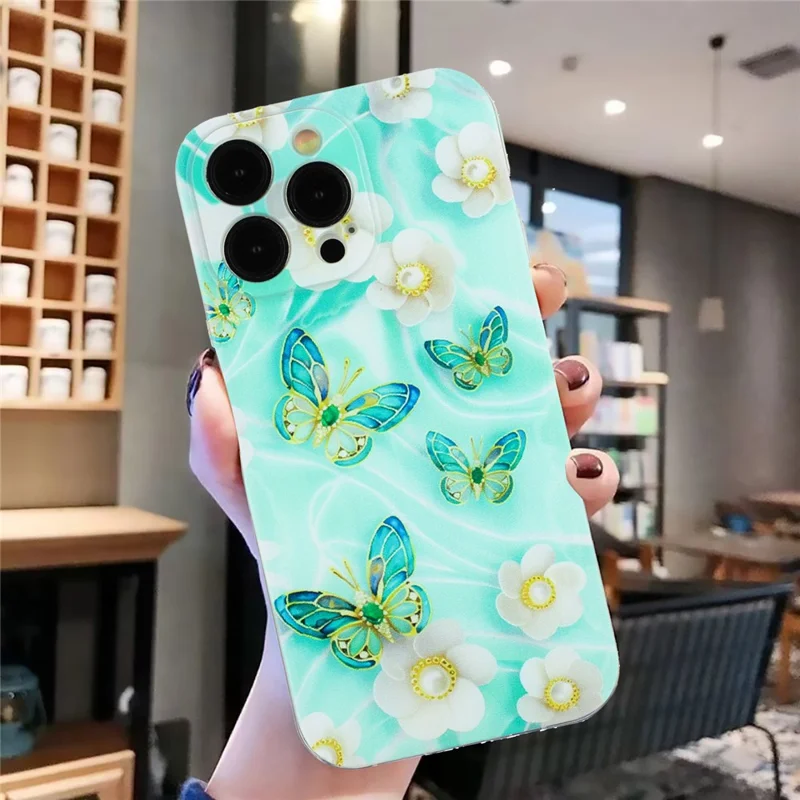 Étui iPhone 15 Pro Housse en TPU souple avec impression de motifs - Papillon et fleur