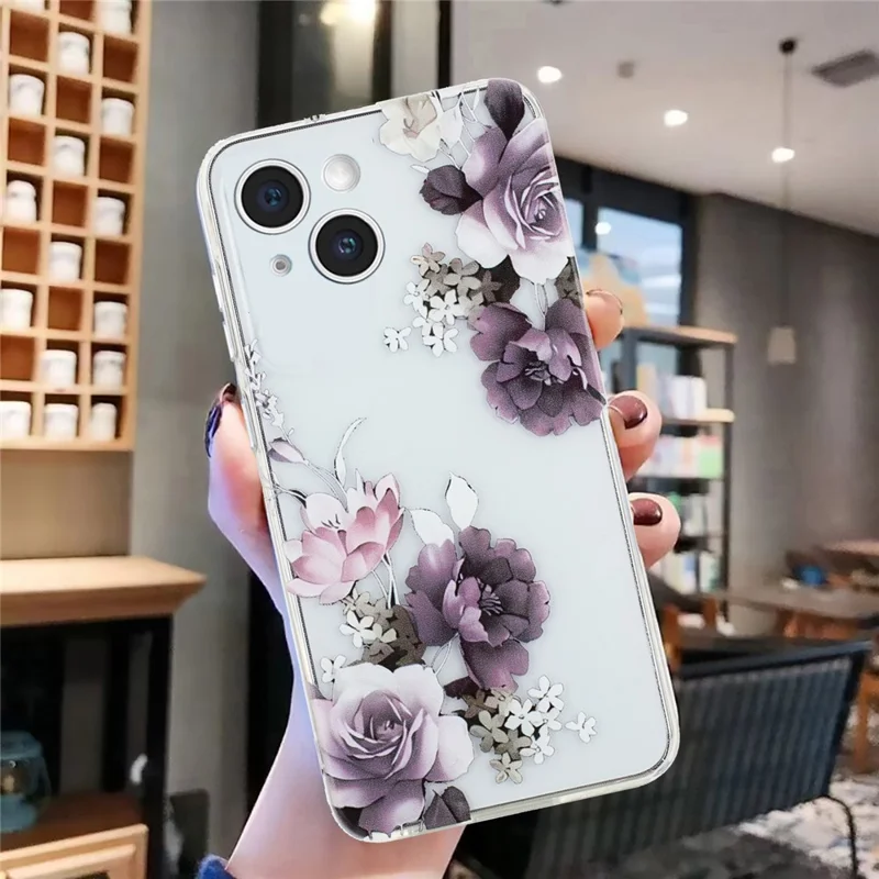 For iPhone 15 Plus Case Pattern Printing TPU Anti-scratch Cell Phone Cover - Peony