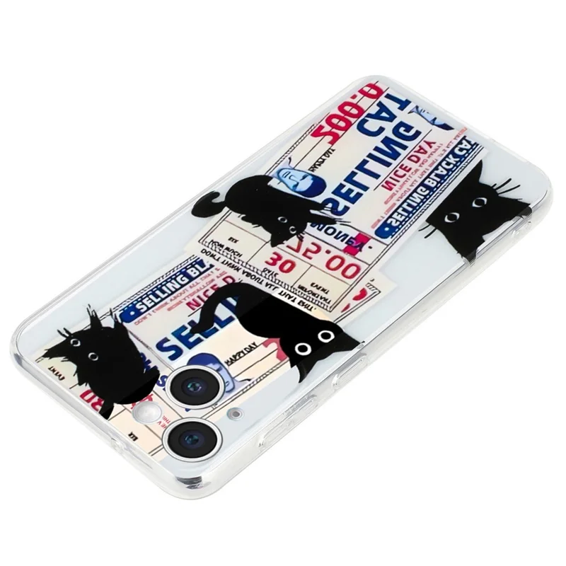 For iPhone 15 Plus Case Mønstertrykt TPU Anti-skramme Cover til Mobiltelefon - Sort Kat