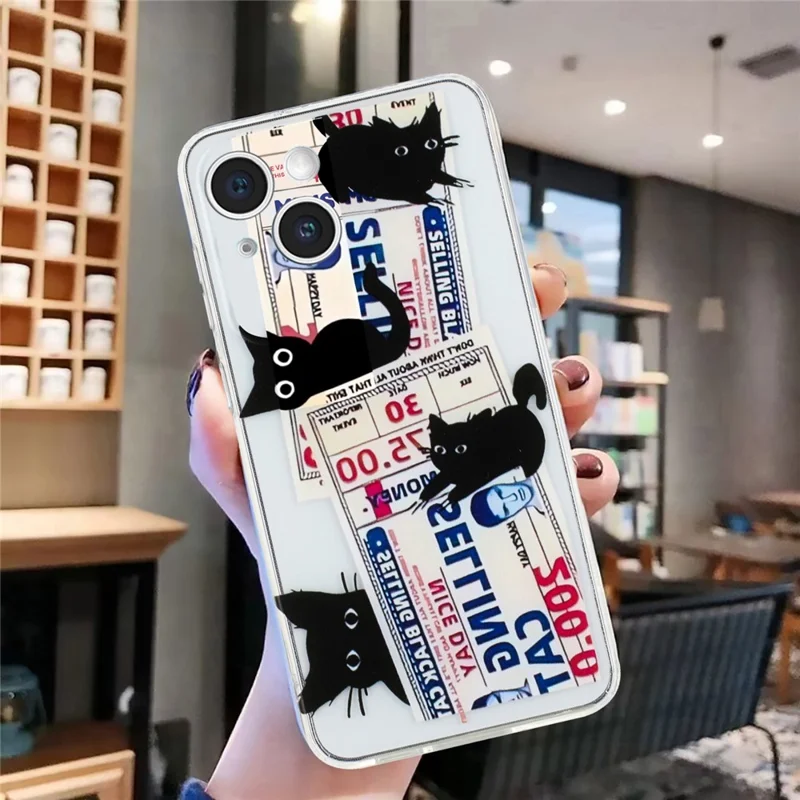 For iPhone 15 Plus Case Mønstertrykt TPU Anti-skramme Cover til Mobiltelefon - Sort Kat