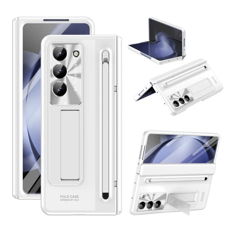 Для Samsung Galaxy Z Fold5 5G Чехол Шарнир ПК Подставка Чехол для телефона с закаленной стеклянной пленкой / Стилус - Белый
