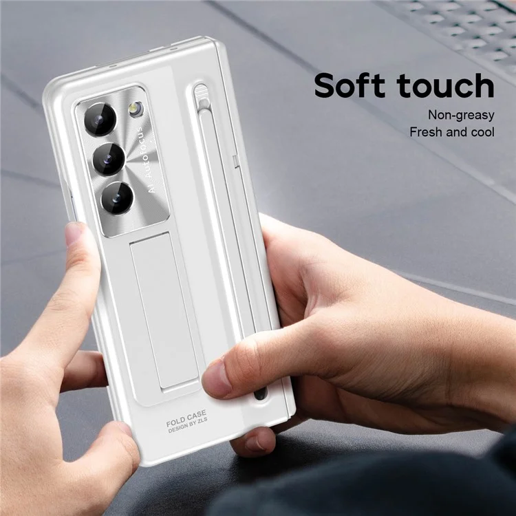 Для Samsung Galaxy Z Fold5 5G Чехол Шарнир ПК Подставка Чехол для телефона с закаленной стеклянной пленкой / Стилус - Белый
