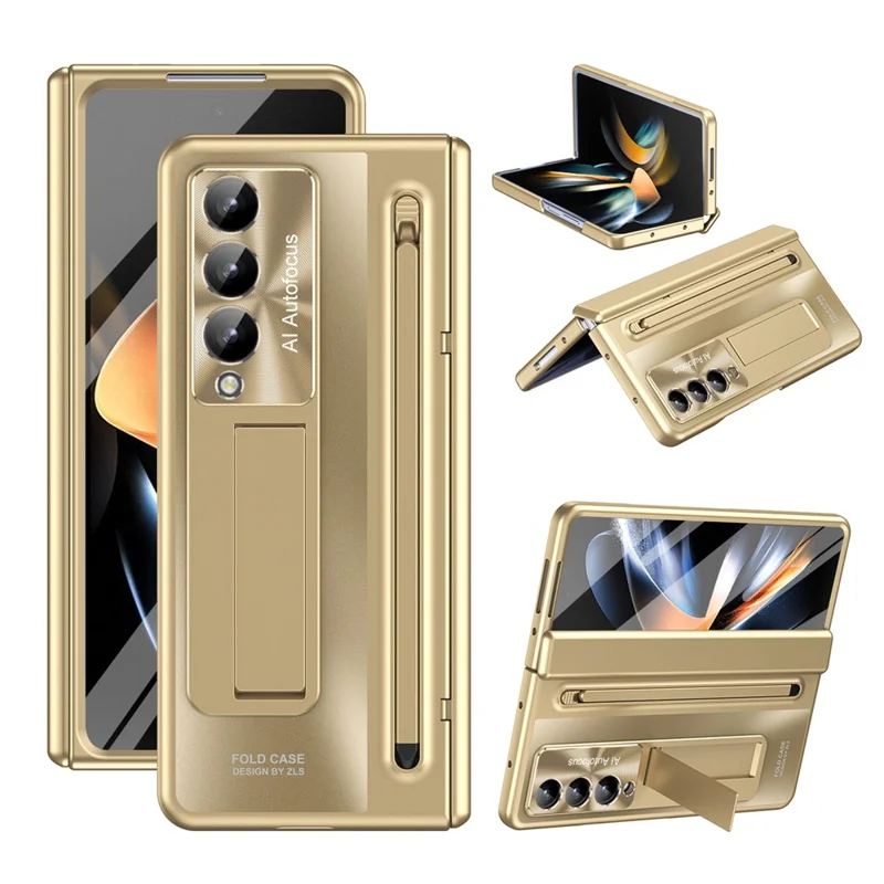 Para Samsung Galaxy Z Fold4 5G Kickstand Case Hinge PC Phone Cover com Película de Vidro Temperado, Stylus - Dourado