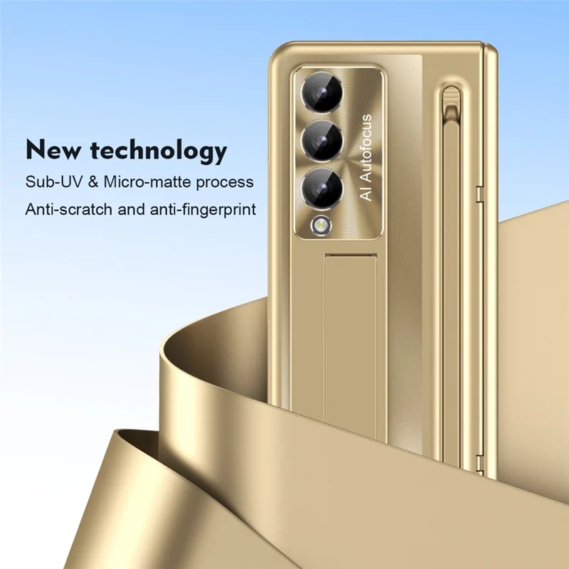 Para Samsung Galaxy Z Fold4 5G Kickstand Case Hinge PC Phone Cover com Película de Vidro Temperado, Stylus - Dourado