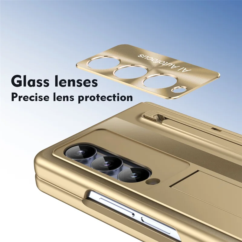 Para Samsung Galaxy Z Fold4 5G Kickstand Case Hinge PC Phone Cover com Película de Vidro Temperado, Stylus - Dourado