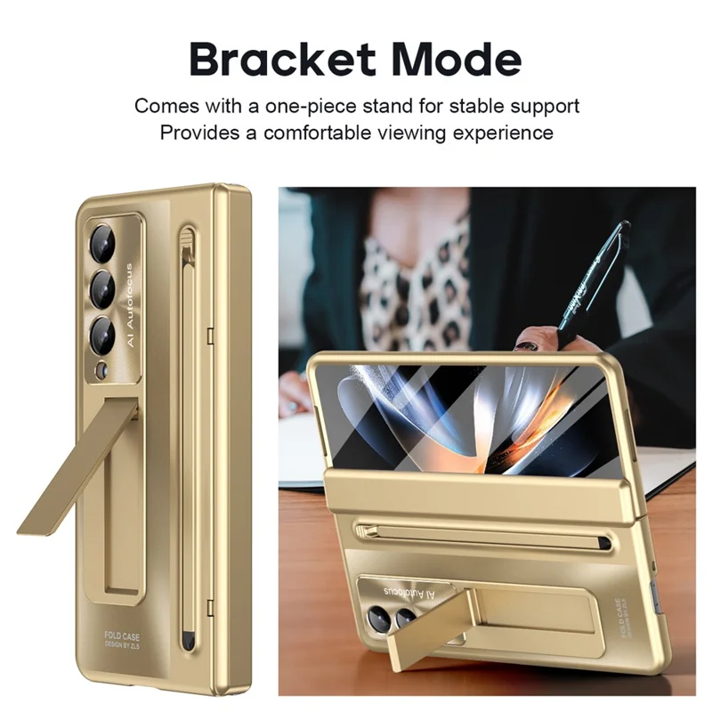 Para Samsung Galaxy Z Fold4 5G Kickstand Case Hinge PC Phone Cover com Película de Vidro Temperado, Stylus - Dourado