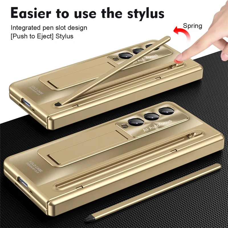 Para Samsung Galaxy Z Fold4 5G Kickstand Case Hinge PC Phone Cover com Película de Vidro Temperado, Stylus - Dourado
