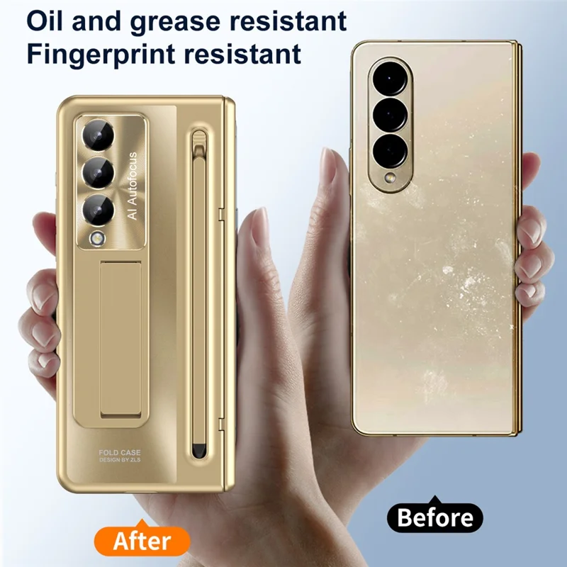 Para Samsung Galaxy Z Fold4 5G Kickstand Case Hinge PC Phone Cover com Película de Vidro Temperado, Stylus - Dourado