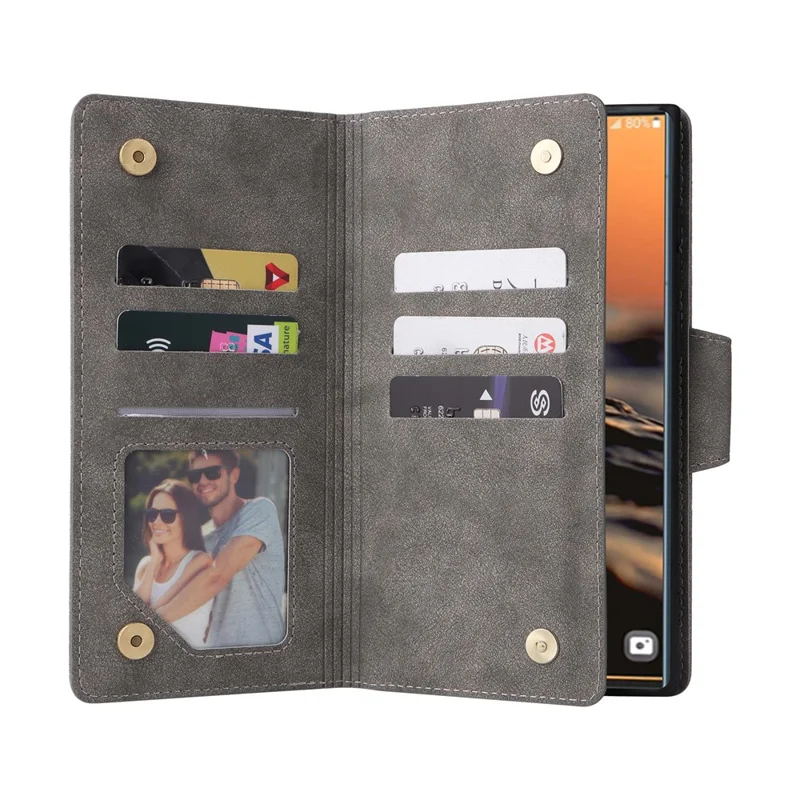 For Samsung Galaxy S23 Ultra Wallet Case Shockproof Leather Phone Cover with Rivet Decor - Grey